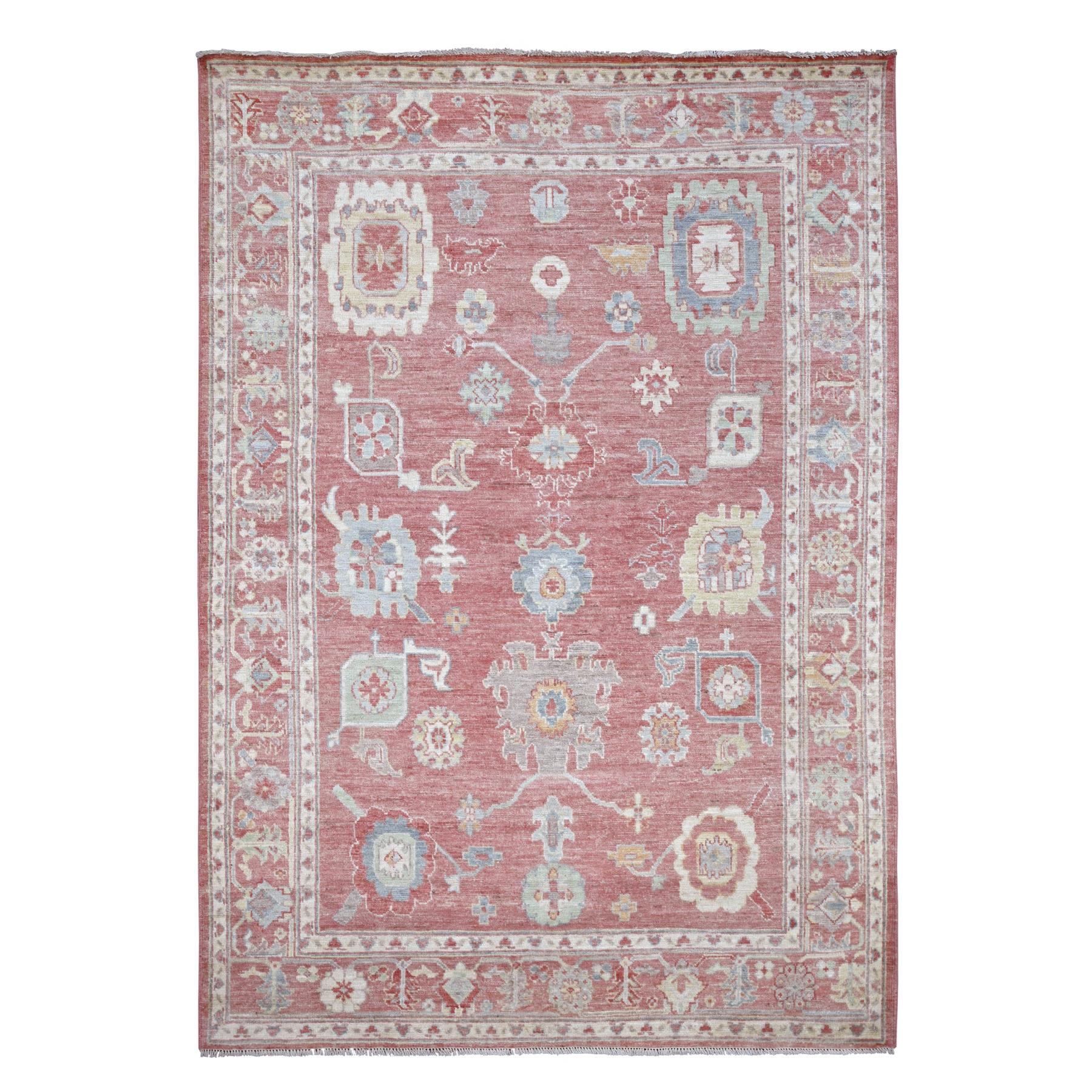 6'x8'7" Rose Pink, Hand Knotted, Afghan Angora Oushak with All Over Leaf Design, 100% Wool, Vegetable Dyes, Oriental Rug 